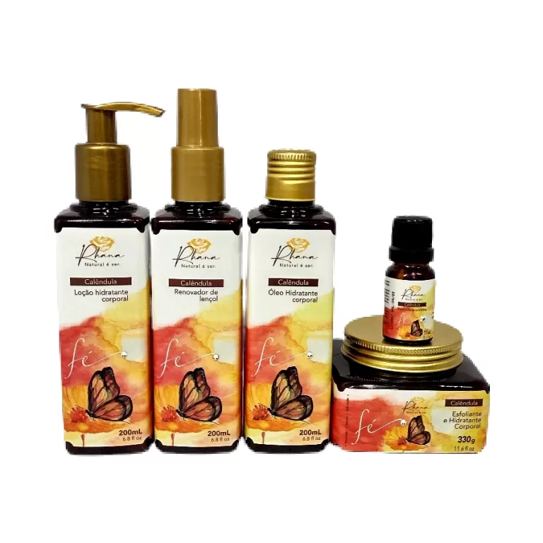 Uma Linha Completa Com Água De Lençol, Loção Hidratante Corporal, Óleo Hidratante Corporal, Esfoliante Vegano e Essência Aromática Na Fragrância de Calêndula.